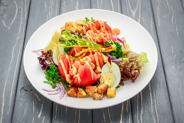 Seafood Caesar Salad with Shrimps, Salad Leaf, Croutons, Cherry Tomato and Cheese