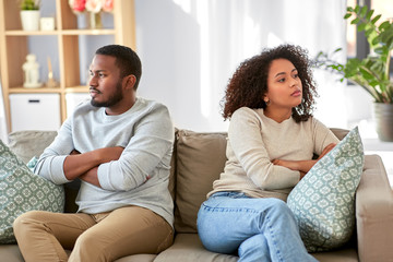 relationship difficulties, conflict and people concept - unhappy african american couple having...