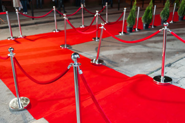 Red carpet at an exclusive event. Award ceremony red carpet and golden stanchions. Festive event or...