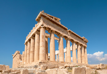 Parthenon temple on a bright day with blue sky. Classical ancient Greek civilization landmark,...