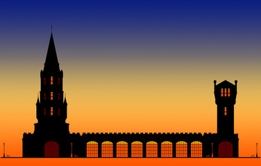 Fototapeta premium Silhouettes of city tower at the blue sky and orange sunset with place for text. Yoshkar-Ola city, Mari El, Russian Federation