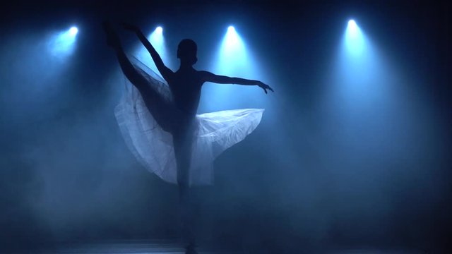 Young ballerina in white tutu dancing classical ballet. Slow motion.