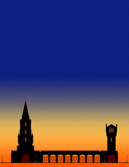 Fototapeta premium Silhouettes of city tower at the blue sky and orange sunset with place for text. Yoshkar-Ola city, Mari El, Russian Federation