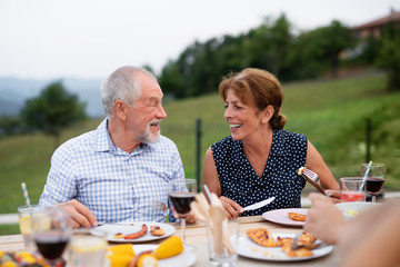 Senior couple sitting a t the table outdoors on family garden barbecue.