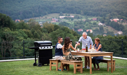 Portrait of people with wine outdoors on family garden barbecue.