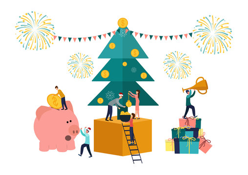 Vector flat illustrations, big piggy bank on a white background, New Year tree with money, businessmen are preparing for the new year, receive cash bonuses.