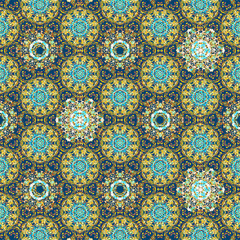 Vintage golden color seamless flower pattern, raster background with geometric flower shapes.