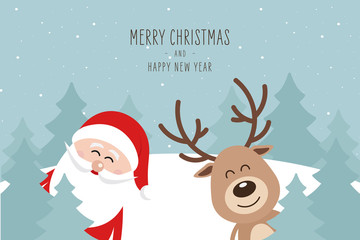 Santa and reindeer cute cartoon winter landscape with greeting snowy background. Christmas card
