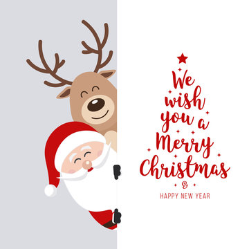 Santa and reindeer cute cartoon with greeting behind white banner background. Christmas card