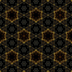 Vintage golden color seamless flower pattern, raster background with hexagonal geometric shapes.
