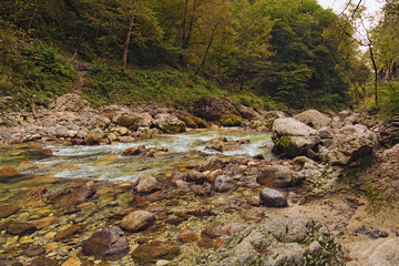 Landscape in Tolmin Gorge (Tolminska Korita). It located on the southern end of Triglav National Park. This gorge has been carved out by the Tolminka and Zadlascica Rivers. Soca Valley, Slovenia