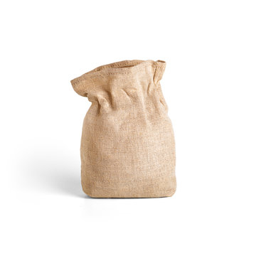 Burlap textile opened sack isolated on white background. Packaging template mockup collection. Front view package