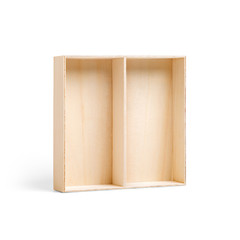 Opened square empty wooden box with vertical shelf separator isolated on white background. Packaging template mockup collection. Stand up perspective half side view package