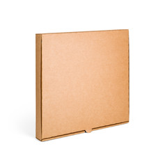 Blank brown cardboard Pizza paper box isolated on white background. Packaging template mockup collection. Stand-up Half Side view package.