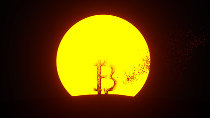 Silhouette of growing tree in a shape of a bitcoin sign. Eco Concept. 3D rendering.