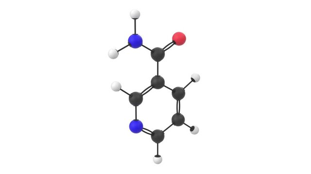 3D animation of a vitamin B3 niacinamide molecule with alpha layer