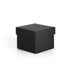 Small black jewelry paper box with lid isolated on white background. Packaging template mockup collection. Half Side view package