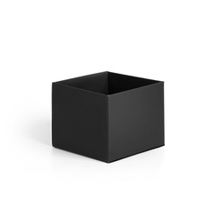 Small black jewelry opened paper box isolated on white background. Packaging template mockup collection. Half Side view package