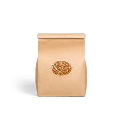 Brown craft paper bag with buckwheat packaging template isolated on white background. Packaging template mockup collection. Stand-up pouch Front view package