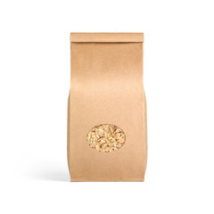Brown craft paper bag with oat flakes packaging template isolated on white background. Packaging template mockup collection. Stand-up pouch Front view package