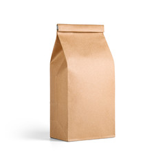 Brown craft tall paper bag packaging template isolated on white background. Packaging template mockup collection. Stand-up pouch Half Side view package