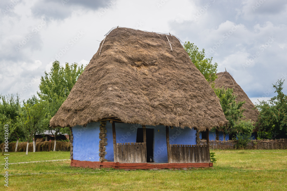 Wall mural Traditional blue cottage made of wood, straw and clay in Oas County heritage park in Negresti-Oas, Romania