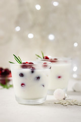 White festive Christmas drink. Selective focus, space for text.