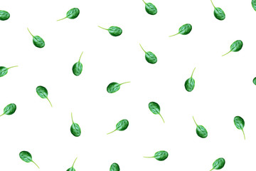 Beautiful pattern of fresh spinach leaves on white background. Flat lay.