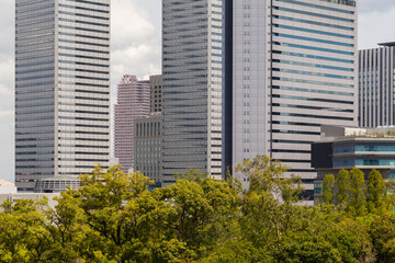Modern architecture. Modern steel and glass skyscrapers in Osaka.