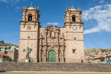 Panoramic view of the Cathedral of Puno at a sunny day in Peru