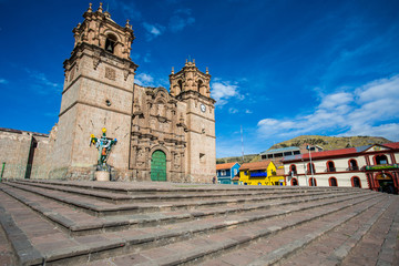 Panoramic view of the Cathedral of Puno at a sunny day in Peru