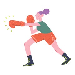 Flat vector illustration of a funny kickboxing girl with red boxing gloves. European female character. Fight, sport, feminism. Isolated object, white background.