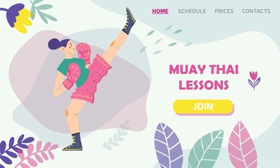 Flat vector illustration of a boxing girl with floral elements. Muay thai lessons. Female character. Template for a landing page, poster, banner. Fight, sport, feminism.