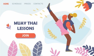Flat vector illustration of a boxing girl with floral elements. Muay thai lessons. Female character. Template for a landing page, poster, banner. Fight, sport, feminism.