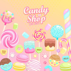 Candy shop inviting banner. Isolated sweets -candy,macaroon,candy cane,lollipop,caramel,marmalade.Template for confectionery,sweet shops and poster,advertise for candyshops. Vector illustration
