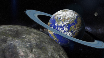 Earth like alien planet with ring system and moons lit by a distant sun © dottedyeti