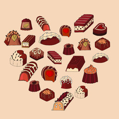 Heart of different chocolate candies-milk,dark,white.Design for cafe or resaurant menu.