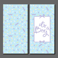 Its a boy. card with back and front sides. lettering on colorful pattern. Ribbons and bows. Vintage style and colors. Greeting card, invitation, poster, label, sticker etc