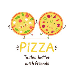Cute happy smiling pizza friends