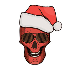 red skull in a red Christmas hat and dark glasses on a white background