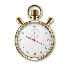 Realistic Metal Golden Classic Stopwatch Icon Closeup Isolated on White Background. Stop-watch Design Template. Sport Timer on Competitions. Start, finish, Time Management. Stock Vector Illustration