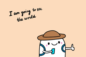 I am going to see the world hand drawn vector illustration with cheerful man