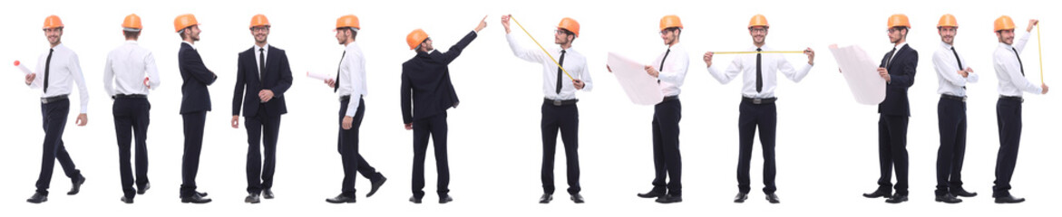 panoramic photo collage of confident architect isolated on white