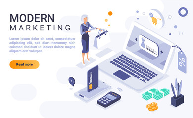 Modern marketing landing page vector template with isometric illustration. Advertising business homepage interface layout with isometry. Online technology for customer attraction. 3d webpage design