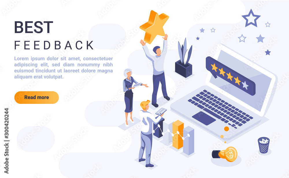 Poster best feedback landing page vector template with isometric illustration. customer satisfaction rating