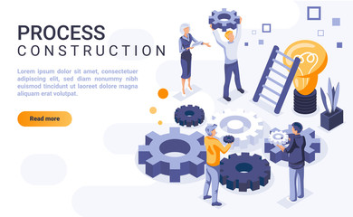 Process construction landing page vector template with isometric illustration. Brainstorming and idea generation homepage interface layout with isometry. Team building 3d webpage design