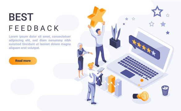 Best feedback landing page vector template with isometric illustration. Customer satisfaction rating homepage interface layout with isometry. Service quality evaluation 3d webpage design