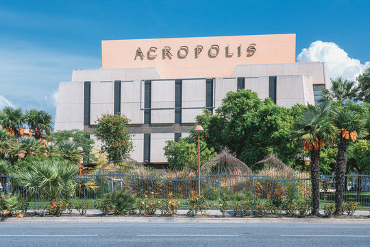 Nice, France, September 6, 2018. The front of the Nice Acropolis Convention Center designed by the architects Buzzi, Bernasconi, and Baptiste