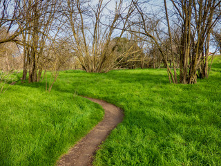 Curved hiking trail in winter Gristmill recreation area .
