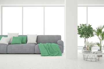 Stylish room in white color with sofa. Scandinavian interior design. 3D illustration